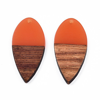 Transparent Resin & Walnut Wood Pendants, Teardrop Shape Charm, Coral, 38x18x3mm, Hole: 2mm