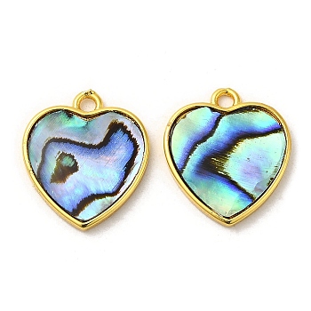 Natural Paua Shell Pendants, Heart Charms with Brass Findings, Golden, 19x17x2.5mm, Hole: 2mm