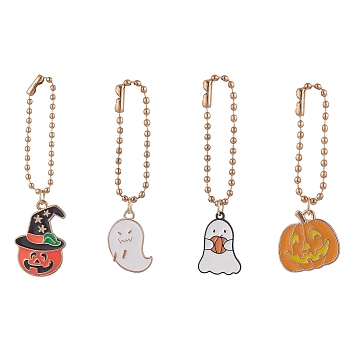 Halloween Theme Alloy Enamel Pendant Decorations, with Iron Ball Chains, Pumpkin/Ghost, Mixed Color, 56.5~74.5mm, 4pcs/set.