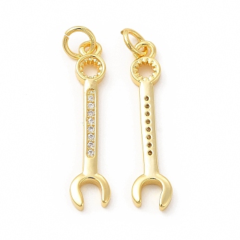 Rack Plating Brass Micro Pave Cubic Zirconia Tool Pendants, Cadmium Free & Lead Free, Wrench Charm, with Jump Ring, Real 18K Gold Plated, 27x6x2mm, Hole: 3.4mm