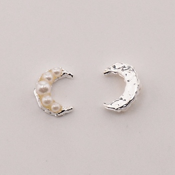 Alloy Moon Cabochons, with Plastic Imitation Pearl Beads, for Nail Art Studs and Nail Art Decoartion Accessories, Silver, 10x7x3.6mm