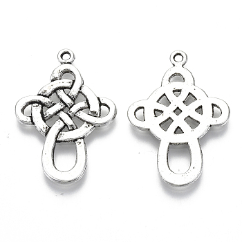 Chinese Knot Tibetan Style Pendants, Cadmium Free & Lead Free, Antique Silver, 33x22x1.5mm, Hole: 2mm, about 420pcs/1000g