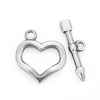 304 Stainless Steel Toggle Clasps, Heart & Arrow, Stainless Steel Color, Ring: 20x18x3mm, Hole: 2mm, Bar: 23.5x6.5x2.5mm, Hole: 1.8mm