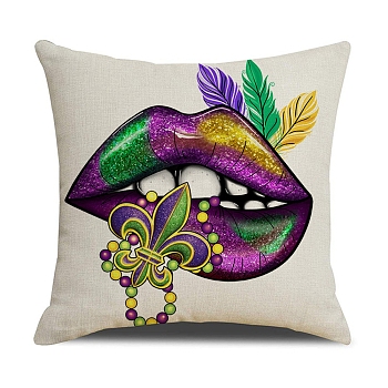 Mardi Gras Carnival Theme Linen Pillow Covers, Cushion Cover, for Couch Sofa Bed, Square, Lip, 450x450x5mm