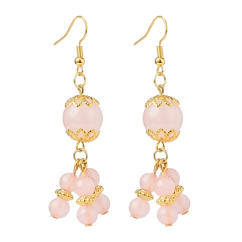 Natural Rose Quartz Round Beaded Cluster Long Dangle Earrings, Gold Plated Brass Jewelry for Women, 64~65mm, Pin: 0.5mm
