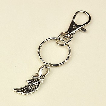 Tibetan Style Wing Keychain, with Iron Key Clasp Findings and Alloy Swivel Clasps, Antique Silver, 90mm