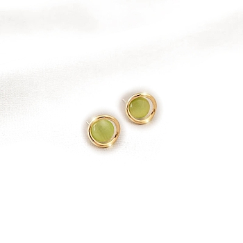 Round Alloy Cat Eye Stud Earrings for Women, with 925 Sterling Silver Pin, Yellow Green, 18x12mm