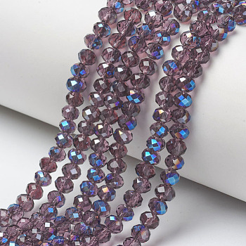 Electroplate Glass Beads Strands, Half Plated, Blue Plated, Faceted, Rondelle, Purple, 6x5mm, Hole: 1mm, about 85~88pcs/strand, 16.1~16.5 inch(41~42cm)