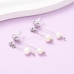 304 Stainless Steel Round Tassel Stud Earrings, with Natural Freshwater Pearl, Stainless Steel Color, 31.5mm(EJEW-K268-89P)