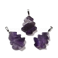 Natural Amethyst Pendants, Christmas Tree Charms with Rack Plating Brass Snap on Bails, Platinum, 34x20x5mm, Hole: 8x5mm(G-A203-01I-P)