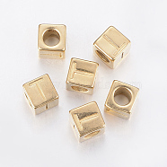304 Stainless Steel Large Hole Letter European Beads, Horizontal Hole, Cube with Letter.T, Golden, 8x8x8mm, Hole: 5mm(X-STAS-H428-01G-T)