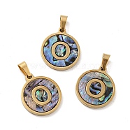 Vacuum Plating 304 Stainless Steel with Paua Shell Pendants, Golden, Flat Round with Letter Charm, Letter.O, 18x16x1.5mm, Hole: 3x6mm(STAS-G268-02O-G)