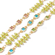 Handmade Eco-friendly Brass Square Link Chains, with Glass & Seed Beaded, Real 18K Gold Plated, Lead Free & Cadmium Free, Soldered, with Spool, Colorful, 10x4.5x2mm, 21x7x2.5mm(CHC-E025-02G)