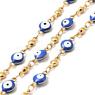 Enamel Flat Round with Evil Eye Link Chains, with Gold Plated 304 Stainless Steel Findings, Unwelded, with Spool, Royal Blue, 11x6x3mm, 8x3x2mm(CHS-G021-01G-03)