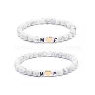 2Pcs Natural Howlite Stretch Bracelets Set, Heart & Word M and F Acrylic Beaded Couple Bracelets for Best Friends Lovers, Inner Diameter: 2 inch(5.2cm)(BJEW-JB08673-02)