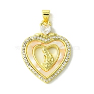 Mother's Day Real 18K Gold Plated Brass Micro Pave Clear Cubic Zirconia Pendants, with Shell, Real 18K Gold Plated, Heart, 30x22x4.5mm, Hole: 3.5x4.5mm(KK-H472-13G-08)