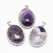 Natural Amethyst Pendants, with Brass Findings, Oval, Platinum, 30x21x10~11mm, Hole: 6x4mm(G-D851-42)