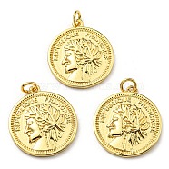 Brass Pendants, with Jump Ring, Long-Lasting Plated, Lead Free & Cadmium Free, Flat Round with Woman Charm, Real 18K Gold Plated, 22.5x20x2.2mm, Hole: 3mm(KK-K341-28G)