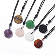 Natural Gemstone Flat Round with Flower of Life Pendant Necklace with Nylon Cord for Women, 25.59~27.95 inch(65~71cm)(NJEW-P274-02)