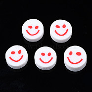 Handmade Polymer Clay Beads, for DIY Jewelry Crafts Supplies, Flat Round with Smiling Face, Red, 10x4~4.5mm, Hole: 1.8mm(CLAY-N008-040E)