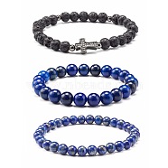 Natural Lapis Lazuli(Dyed) & Lava Rock Round Beads Stretch Bracelets Set, Cross Brass Micro Pave Cubic Zirconia Beads Bracelets for Men Women, Gunmetal, Inner Diameter: 2-3/8 inch(6cm), 3pcs/set(BJEW-JB06982-03)