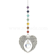 Glass Teardrop & Tibetan Style Alloy Wing Big Pendant Decorations, with Chakra Gemstone Beads, for Home Decorations, Antique Silver, 300mm(HJEW-TA00065)