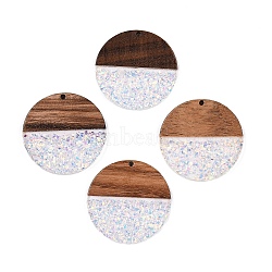 Epoxy Resin & Walnut Wood Pendants, with Paillette/Sequin, Flat Round, Linen, 38x3.5mm, Hole: 2mm(RESI-T057-10E)