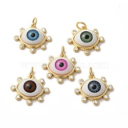 Brass Micro Pave Clear Cubic Zirconia Pendants, with Resin, Real 18K Gold Plated, Evil Eye Charms, Mixed Color, 17.5x20.5x6mm, Jump Ring: 6x1mm, Inner Diameter: 4mm(ZIRC-E006-04G-M)