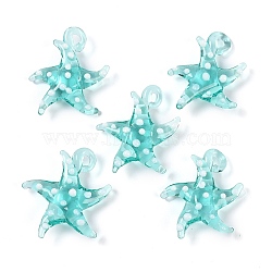 Handmade Lampwork Pendants, Bumpy, Starfish, Cyan, 28~34x27~30x7~8.5mm, Hole: 2~2.5mm(LAMP-C015-02C)