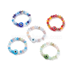 Lampwork Evil Eye & Glass Beaded Stretch Finger Ring for Women, Mixed Color, US Size 8 1/2(18.5mm)(RJEW-JR00483-02)