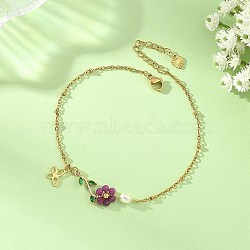 Natural Ruby Beaded Flower Link 304 Stainless Steel Cable Chain Anklets with Natural Pearl for Women, Golden, 8-1/2 inch(216mm)(AJEW-AN00854)