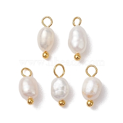 Natural Freshwater Pearl Potato Charms, with Brass Loops, Golden, 13x4.5mm, Hole: 2mm(PALLOY-JF03202-01)