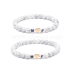 2Pcs Natural Howlite Stretch Bracelets Set, Heart & Word M and F Acrylic Beaded Couple Bracelets for Best Friends Lovers, Inner Diameter: 2 inch(5.2cm)(BJEW-JB08673-02)