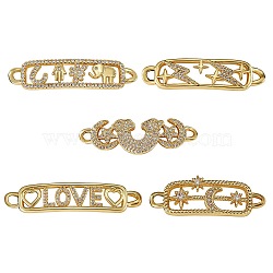 5Pcs 5 Style Brass Micro Pave Clear Cubic Zirconia Links Connectors, Long-Lasting Plated, Rectangle & Moon, Real 18K Gold Plated, 10~14.5x38.5~48x2.5~4mm, Hole: 2.5~3mm, 1pc/style(ZIRC-SZ0003-06)