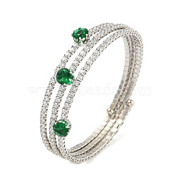 Rack Plating Brass Pave Clear Cubic Zirconia Open Cuff Wrap Bangles, Long-Lasting Plated, Lead Free & Cadmium Free, Platinum, Green, Inner Diameter: 2-1/8 inch(5.3cm), 13mm(BJEW-B110-01P-01)