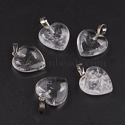 Natural Quartz Crystal Pendants, Heart, with Brass Findings, Platinum, 22~23x19.5~20.5x6~7.5mm, Hole: 5x7~8mm(G-E467-03H-FF)