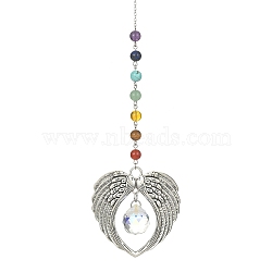 Glass Teardrop & Tibetan Style Alloy Wing Big Pendant Decorations, with Chakra Gemstone Beads, for Home Decorations, Antique Silver, 300mm(HJEW-TA00065)