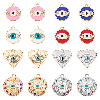 SUPERFINDINGS 32Pcs 8 Style Rack Plating Alloy Enamel Pendants, with Rhinestone, Light Gold, Cadmium Free & Nickel Free & Lead Free, Flat Round & Heart with Evil Eye, Mixed Color, 18~24x15~20.5x1.5~3mm, Hole: 1.2~2mm, 4Pcs/style