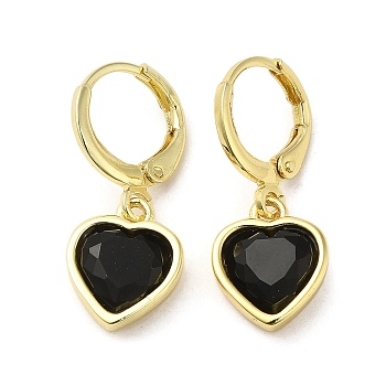 Real 18K Gold Plated Brass Dangle Leverback Earrings, with Heart Glass, Black, 25.5x10mm