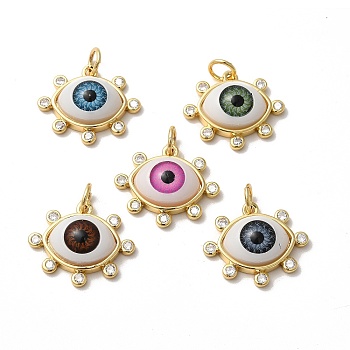 Brass Micro Pave Clear Cubic Zirconia Pendants, with Resin, Real 18K Gold Plated, Evil Eye Charms, Mixed Color, 17.5x20.5x6mm, Jump Ring: 6x1mm, Inner Diameter: 4mm