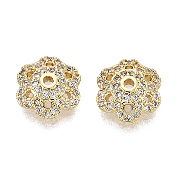 Brass Micro Pave Clear Cubic Zirconia Bead Caps, Flower, Real 18K Gold Plated, 10x9x3.5mm, Hole: 1.2mm