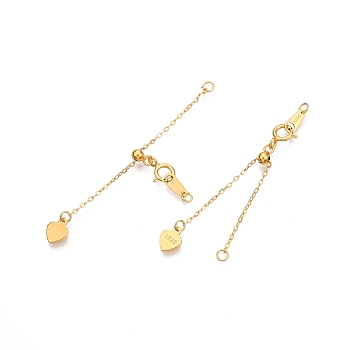 925 Sterling Silver Chain Extenders, Slider Cable Chain with Heart Tag & Spring Clasp & S925 Stamp, Real 24K Gold Plated, 62mm, Heart: 5.5x6.5x0.5mm, Stamp: 7x3x0.3mm, Clasp: 6x8x0.8mm