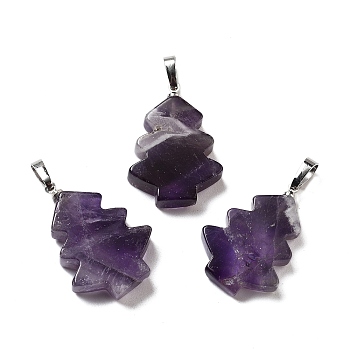 Natural Amethyst Pendants, Christmas Tree Charms with Rack Plating Brass Snap on Bails, Platinum, 34x20x5mm, Hole: 8x5mm