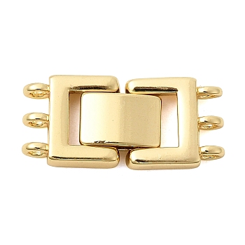 Brass Fold Over Clasps, Cadmium Free & Lead Free, Long-Lasting Plated, Rack Plating, 3-Strand, 4-Hole, Rectangle, Real 18K Gold Plated, 11.5x25x4mm, Hole: 1.8mm