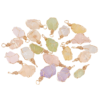 20Pcs Electroplated Natural Quartz Crystal Pendants, Light Gold Plated Brass Wire Wrapped Frosted Nuggets Charms, Dyed, Mixed Color, 30~35x7.5~15x6~18mm, Hole: 3~3.5mm, 20pcs/set