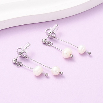 304 Stainless Steel Round Tassel Stud Earrings, with Natural Freshwater Pearl, Stainless Steel Color, 31.5mm