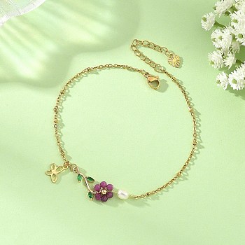 Natural Ruby Beaded Flower Link 304 Stainless Steel Cable Chain Anklets with Natural Pearl for Women, Golden, 8-1/2 inch(216mm)