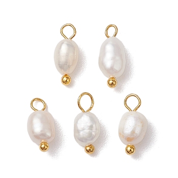 Natural Freshwater Pearl Potato Charms, with Brass Loops, Golden, 13x4.5mm, Hole: 2mm