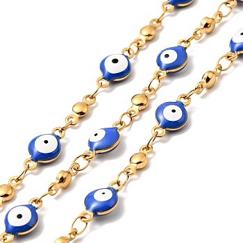 Enamel Flat Round with Evil Eye Link Chains, with Gold Plated 304 Stainless Steel Findings, Unwelded, with Spool, Royal Blue, 11x6x3mm, 8x3x2mm