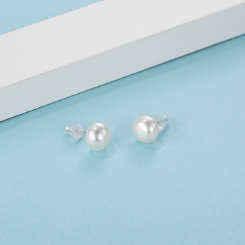 925 Sterling Silver Freshwater Pearl Stud Earrings for Daily Party Date Banquet Outfit, Silver